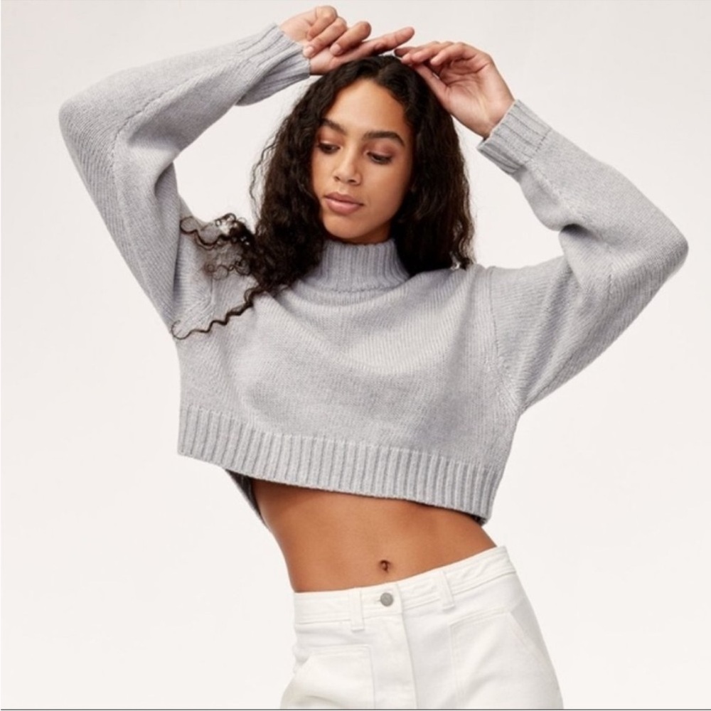 Wilfred Aritzia 100% Merino Wool Cropped Harper Sweater Waterdrop Blue Large